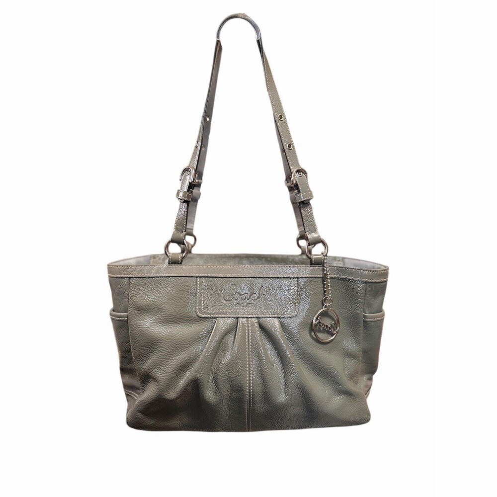 Coach Gallery Tote Patent Leather Metallic Gray Silver Top Zip Shoulder Bag